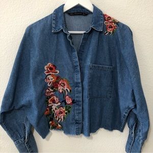 Zara Embroidered Denim Button Up Shirt